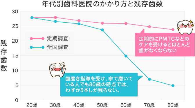 年代別歯科医院のかかり方と残存歯数